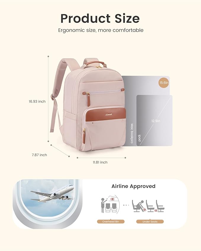 LOVEVOOK Laptop Backpack for Women with Leather Trim & Tumbler Pockets, 15.6" Work Backpack Purse, Travel Personal Item Bag, Carry On Business Computer Bag for Office, School, or Gift, Apricot Brown