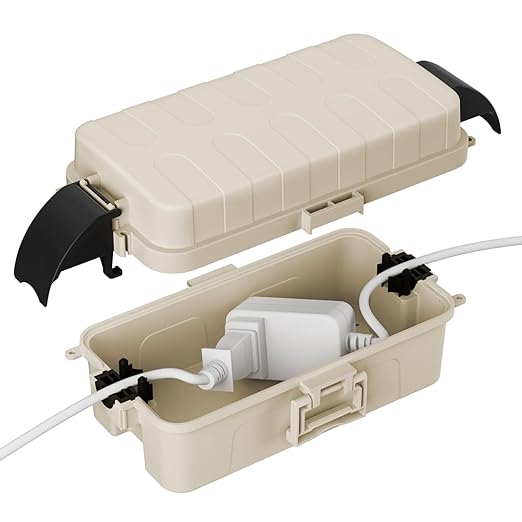 FLEMOON IP55 Outdoor Electrical Box Waterproof with Detachable Awning Covers, 8.3 x 4.1 x 3.7 inch Weatherproof Extension Cord Cover, Easy Installation for Outdoor Plug, Outlet, String Lights, Almond