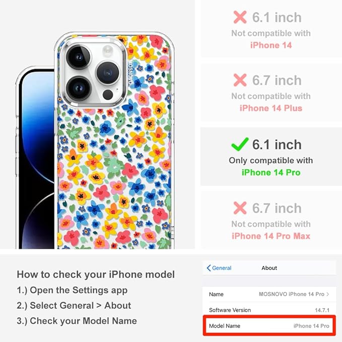 MOSNOVO Case for iPhone 14 Pro, [Buffertech 6.6ft Military-Grade Drop Protection] [Anti Peel Off Tech] Clear TPU Bumper Phone Case Cover Design - Little Flowers