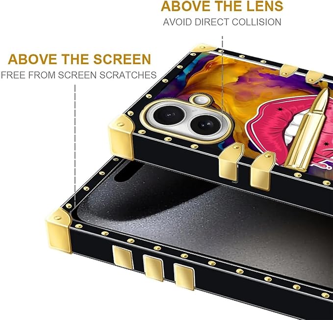 for iPhone 17 Case Luxury Golden Decoration for Girl Women Soft TPU Shockproof Protective Hard PC Back for iPhone 17 Crazy Pattern Cool Corlorful Lip Marble
