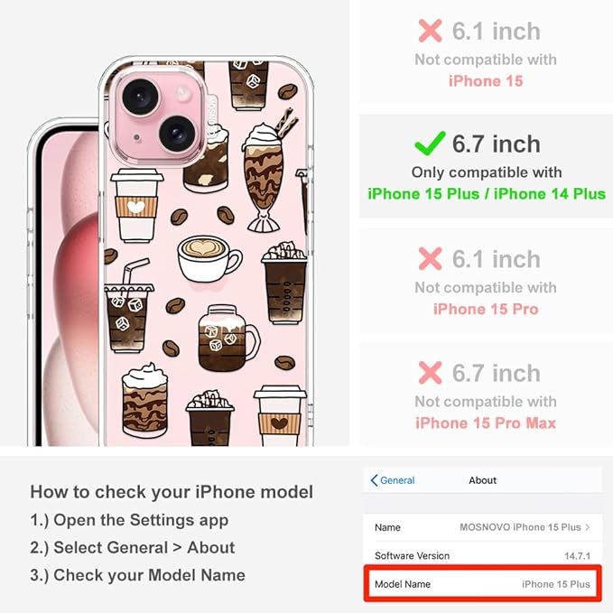 MOSNOVO Case for iPhone 15 Plus/iPhone 14 Plus, [Buffertech 6.6ft Military-Grade Drop Protection] [Anti Peel Off Tech] Clear TPU Bumper Phone Case Cover Design - Coffee