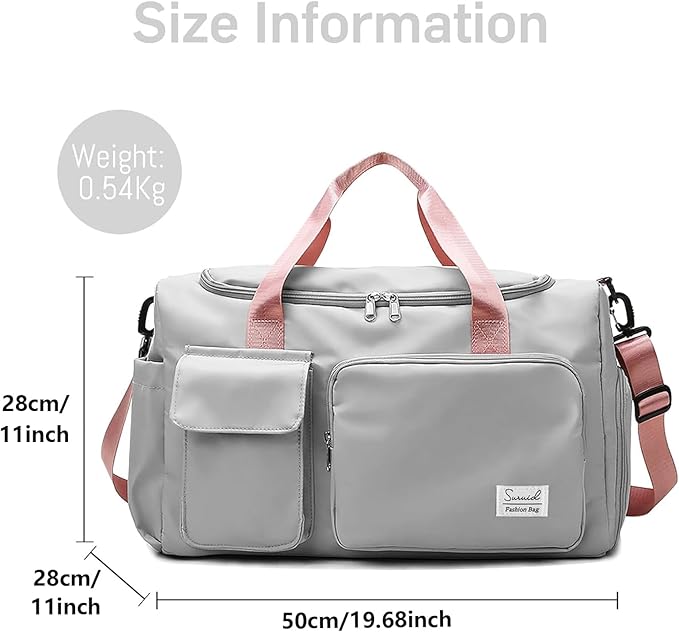 Suruid Travel Duffel Bag with Shoes Compartment Sports Gym Bag with Dry Wet Separated Pocket for Men and Women, Overnight Bag Weekender Bag Training Handbag Yoga Bag - Gray Pink