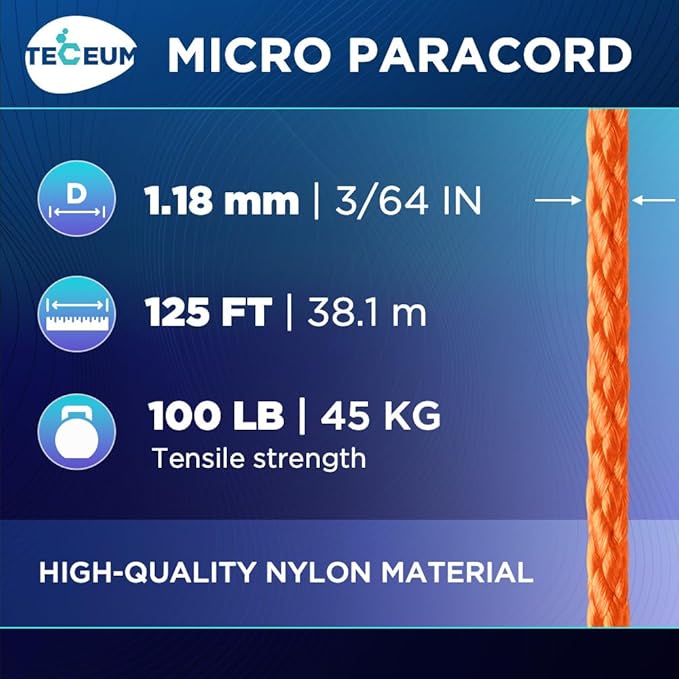 TECEUM Micro Paracord – 1.18 mm X 125 ft – Micro Utility Cord – Thin Braided Paracord Rope – Best for Crafting, DIY Projects, Fishing, Camping – Wind Chime Replacement – Survival Strong String