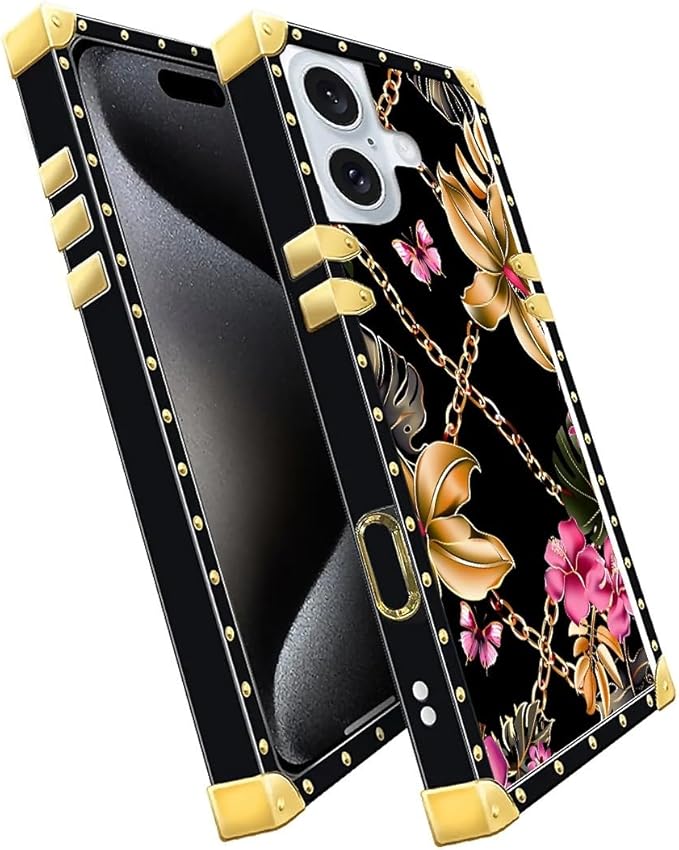Compatible with iPhone 16 Plus Case, Pink Golden Chain Tropical Flower Luxury Golden Decoration for Girl Women Soft TPU Shockproof Protective Hard PC Back