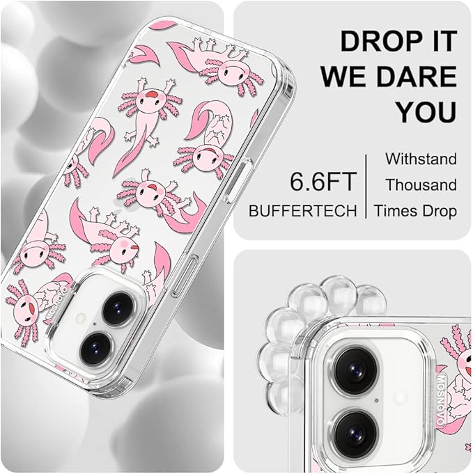 MOSNOVO for iPhone 17 Case | Military Grade 6.6ft Drop Tested | Camera Control | Clear with Pink Axolotl Design