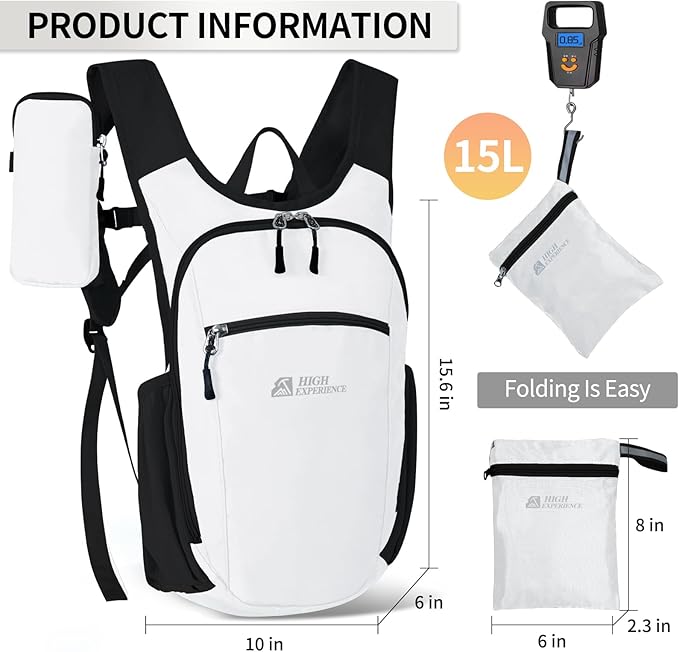 Hiking Backpack 10L/15L Small Daypack Lightweight Packable Travel Foldable Water Resistan for Women Men (White, 15L)