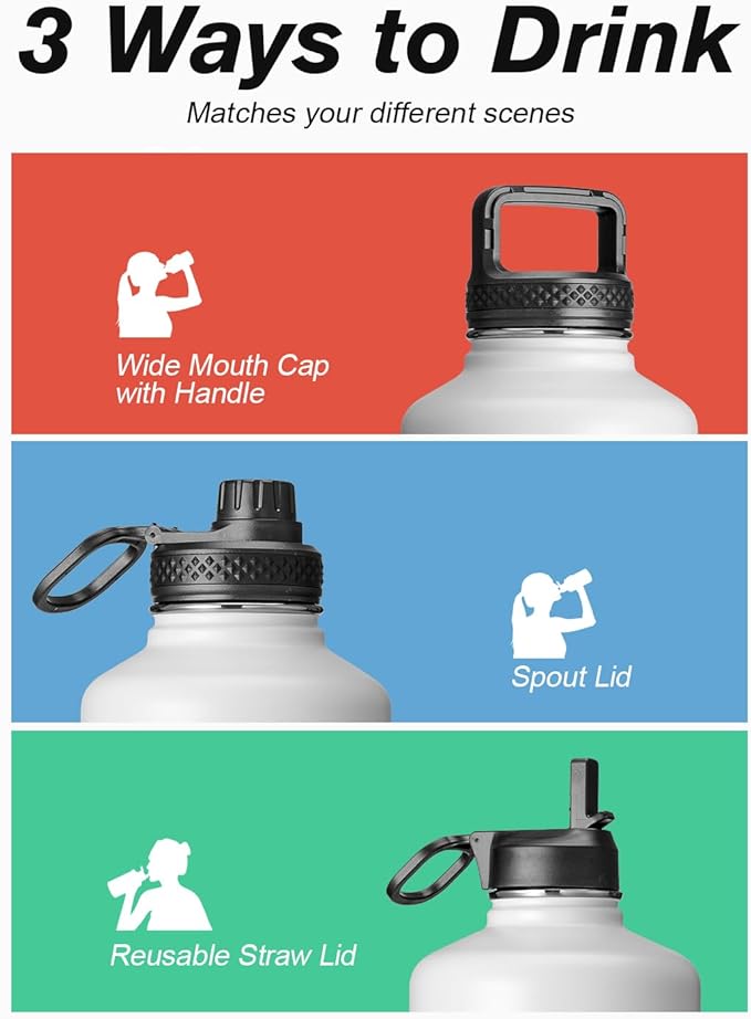 Coolflask Half Gallon Water Bottle Insulated with Straw & 3 Lids, 64 oz Water Jug Large Metal Stainless Steel Wide Mouth for Sports, Gym or Office, Non-BPA Keep Cold 48H Hot 24H, White