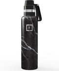 IRON °FLASK Camping & Hiking Hydration Flask with Spout, Narrow Mouth Insulated Stainless Steel Sports Water Bottle - Black Marquina 24 oz - Spout (1 Lid)