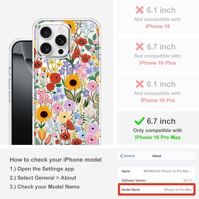 MOSNOVO Case for iPhone 16 Pro Max, [Buffertech 6.6ft Military-Grade Drop Protection] [Anti Peel Off Tech] Clear TPU Bumper Phone Case Cover Design - Blossom & Bloom