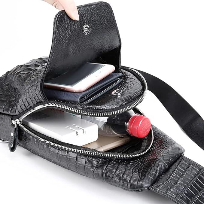 Hebetag Crocodile Genuine Leather Sling Bag Backpack for Men Travel Outdoor Hunting Hiking Camping Crossbody Shoulder Chest Pack Daypack Black