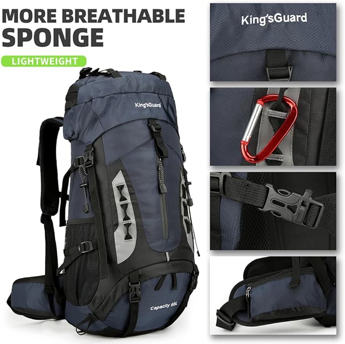 King'sGuard 60L Hiking Backpack for Men and Women Lightweight Camping Hiking Backpack with Rain Cover Large Waterproof Travel Backpack Backpacking Pack (Navy Blue)