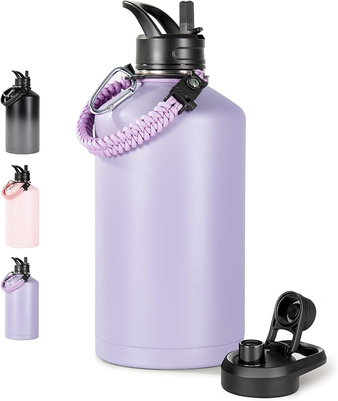 Fijinhom Gallon Water Bottle with 2 Lids (Straw & Spout), 304 Stainless Steel Water Jug with Handle and Wide Mouth, 1 Gallon Vacuum Double Walled Jug for Sports, Outdoors, Purple, 128 oz