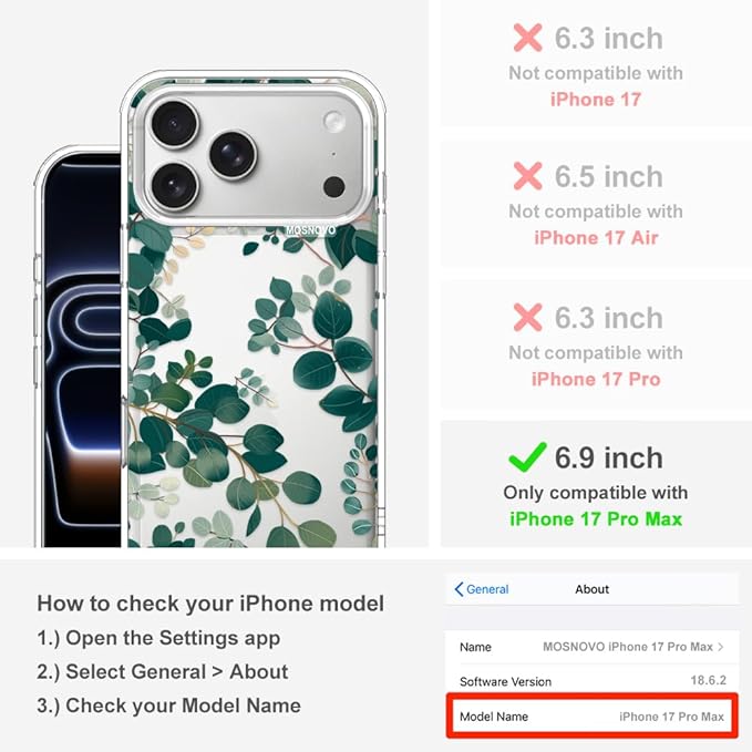 MOSNOVO for iPhone 17 Pro Max Case | Military Grade 6.6ft Drop Tested | Camera Control | Clear with Eucalyptus Design