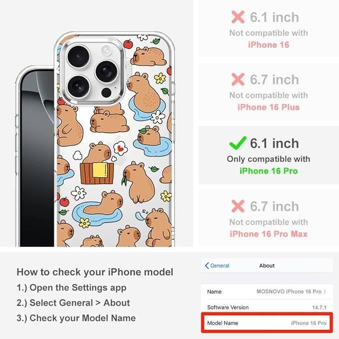 MOSNOVO for iPhone 16 Pro Case, Shockproof Military-Grade Protection 6.6ft Drop Tested, Clear Phone Case for iPhone 16 Pro, Capybara Land Design
