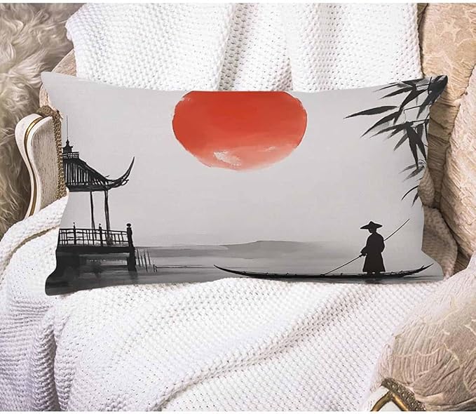 EKOBLA Throw Pillow Case 12x20 Inch Japan Traditional Japanese Painting Man with Boat Full Moon Cotton Linen Cushion Case for Sofa Couch 12x20 Inches