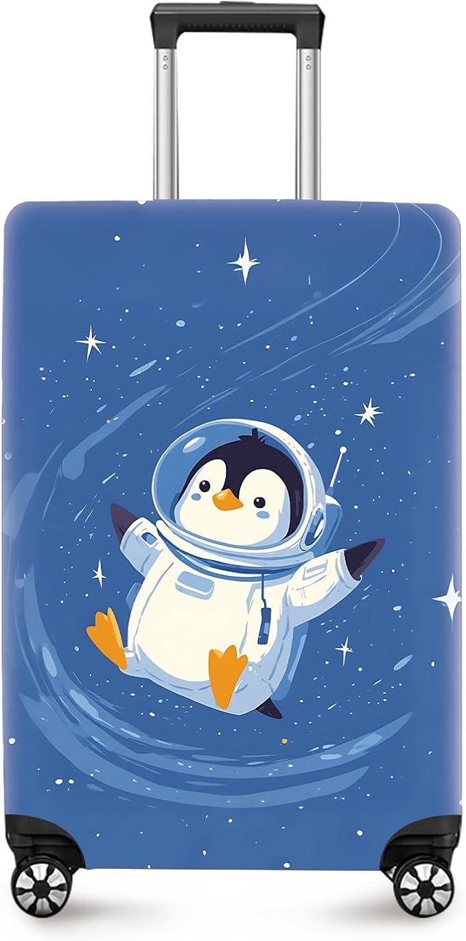 ANNA QUEEN Astronaut Penguin Luggage Cover, Cute Space Penguin Design Suitcase Protector, Washable Stretchable Travel Sleeve for 20-22 Inch Luggage