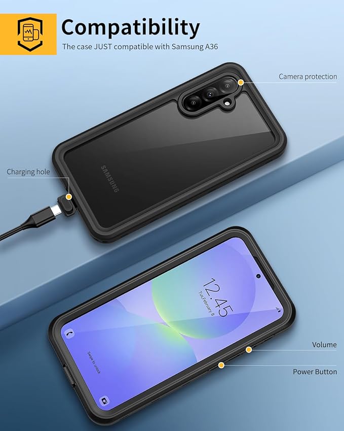 Lanhiem for Samsung Galaxy A37 A36 Phone Case, IP68 Waterproof Dustproof, Built-in Screen Protector, Rugged Full Body Shockproof Protective Cover for Samsung A36 A37 5G 6.7", Black