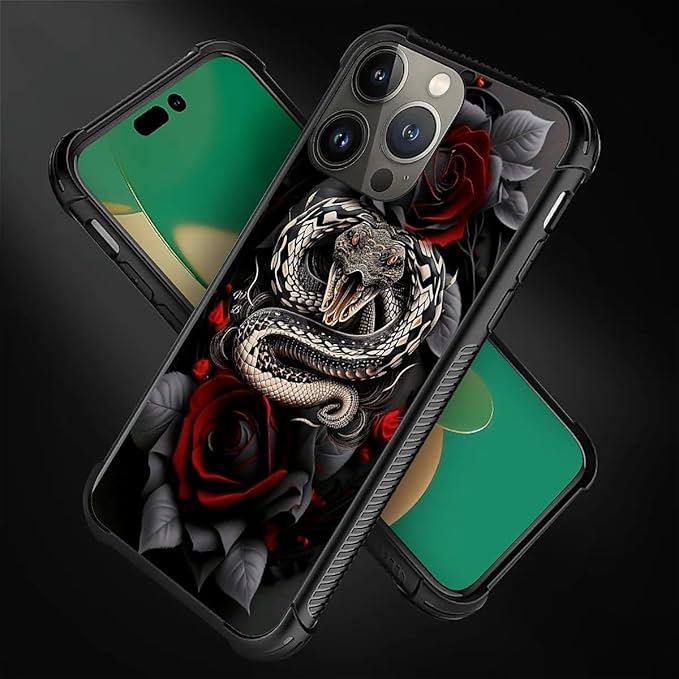 for iPhone 13 Pro Case, Entwined Rose Snake Pattern Graphic Design Girl Boy Soft Silicone Hard Acrylic Shock Protection for iPhone 13 Pro