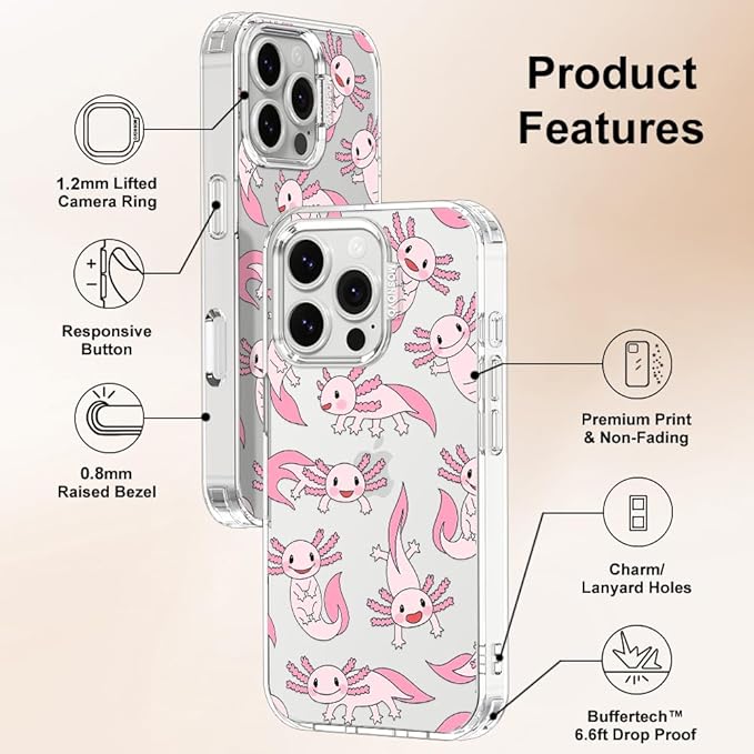 MOSNOVO Case for iPhone 16 Pro, [Buffertech 6.6ft Military-Grade Drop Protection] [Anti Peel Off Tech] Clear TPU Bumper Phone Case Cover Design - Pink Axolotl