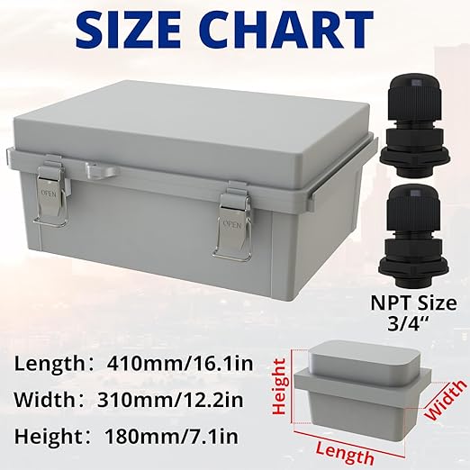 MAKERELE Large Junction Box Waterproof IP67 Plastic Outdoor Electrical Box and 3/4" NPT*2 Enclosure with Mounting Plate Suitable for Various Projects(16.1"*12.2"*7.1")