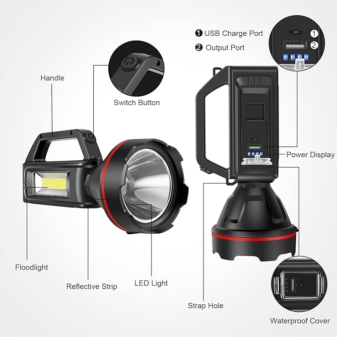 Rechargeable Spotlight Flashlight, High Lumens Handheld Spotlight,LED Searchlight with Shoulder Strap and USB Output for During Hurricane,Emergency, Storms, Outages,Hunting , Hiking, Camping(Black1)