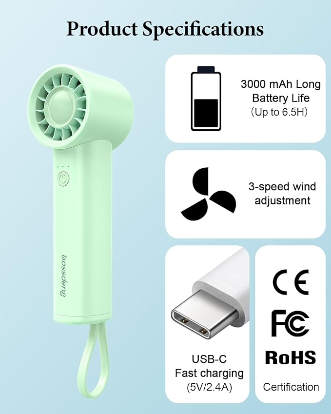 Portable Handheld Fan with Power Bank(High-Speed),3 IN 1 USB Rechargeable Mini Personal Fan with Flashlight,Small Size for Outdoor/Travel/Beach/Concerts/Summer.Gifts for Girl,Women.Green