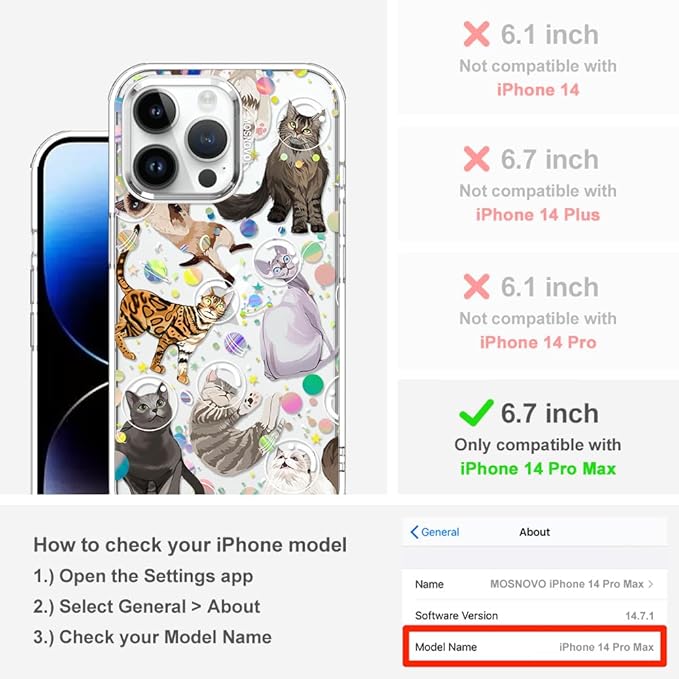MOSNOVO Case for iPhone 14 Pro Max, [Buffertech 6.6ft Military-Grade Drop Protection] [Anti Peel Off Tech] Clear TPU Bumper Phone Case Cover Design - Space Cat