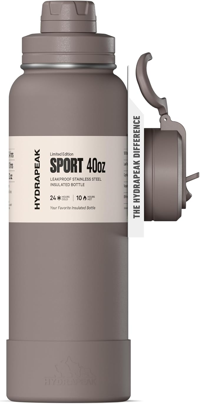 Hydrapeak 40oz Sport Insulated Water Bottle with Straw & Chug Lid, Leak & Spill Proof, Keeps Drinks Cold for 24 Hours, Hot for 12 Hours, Premium Stainless Steel Water Bottles (40oz, Mocha)