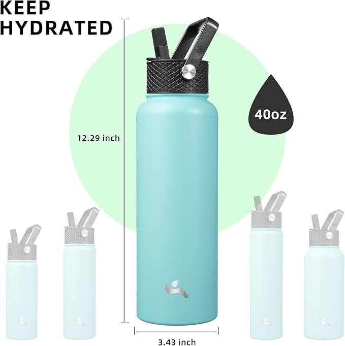 Konokyo 40oz Insulated Water Bottle Stainless Steel Sport Bottles with 3 Lids,Turquoise
