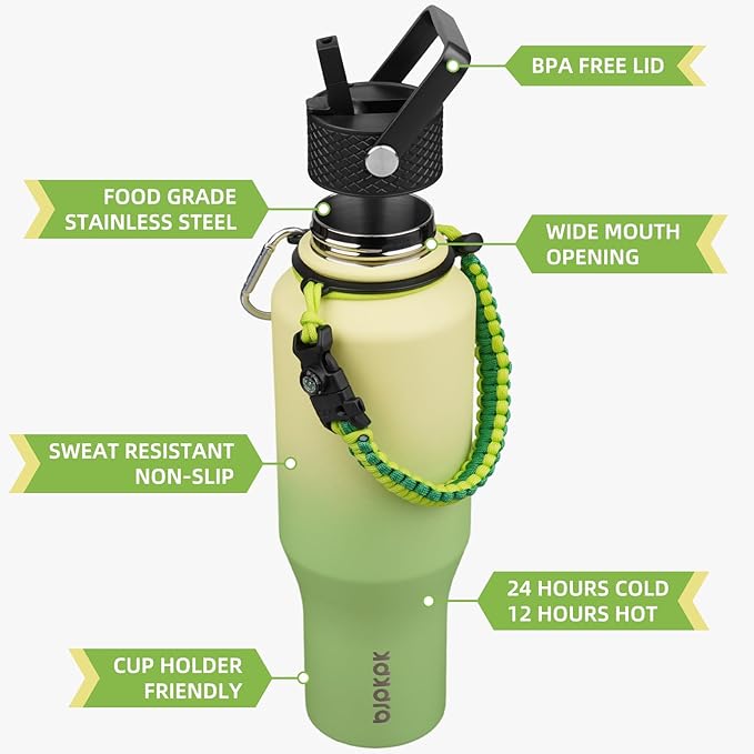 BJPKPK Insulated Water Bottles with Straw Lid, 35oz Metal Water Bottle with 2 lids & Paracord Strap, Double Wall Stainless Steel Vacuum Tumblers, Cups, Mugs, Thermo for Hot& Cold Drinks, Fresh Green