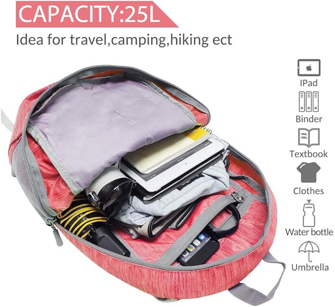 ZOMAKE 25L Ultra Lightweight Packable Backpack, Foldable Hiking Backpacks Water Resistant Small Folding Daypack for Travel(Red)