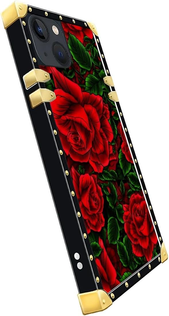 Compatible with iPhone 15 Case, Vector Red Rose Green Leaf Luxury Golden Decoration for Girl Women Soft TPU Shockproof Protective Hard PC Back for iPhone 15