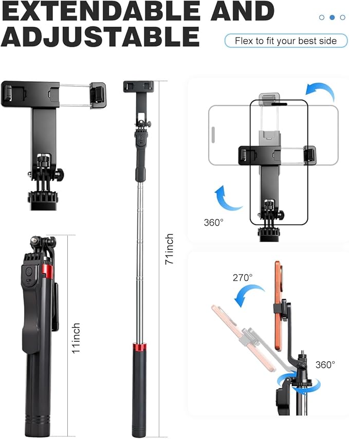 71" Phone Tripod Selfie Stick for iPhone/Android/Camera, Cell Phone Tripod Stand with Wireless Remote Control, Extendable Phone Mount 360° Rotation