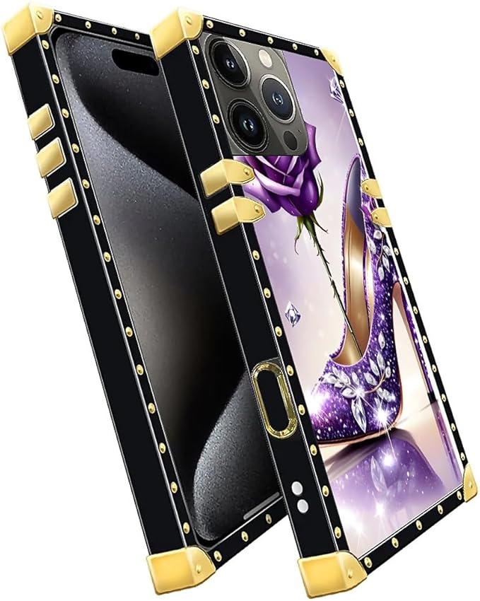 Compatible with iPhone 16 Pro Case, High Heeled Purple Diamond Rose Luxury Golden Decoration for Girl Women Soft TPU Shockproof Protective Hard PC Back for iPhone 16 Pro