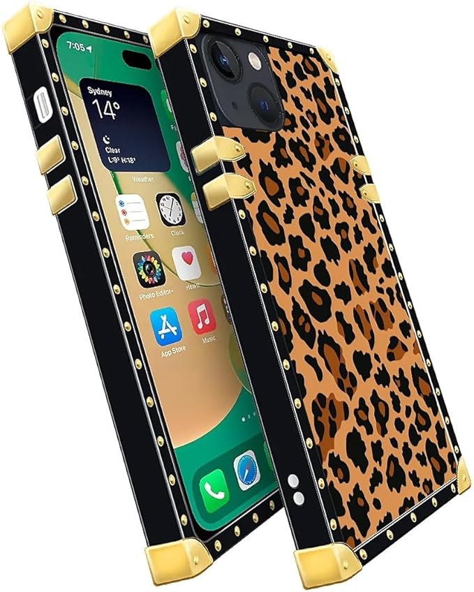 Compatible with iPhone 14 Case, Brown Leopard Texture Luxury Golden Decoration for Girl Women Soft TPU Shockproof Protective Hard PC Back for iPhone 14