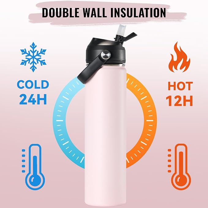 Fijinhom 24oz Insulated Stainless Steel Water Bottle, Wide Mouth Double Wall Vacuum, Silicone Straw, Sweat & Leak Proof, BPA Free Insulated Water Flask for Travel, Keep Cold 24h Hot 12h, Light Pink