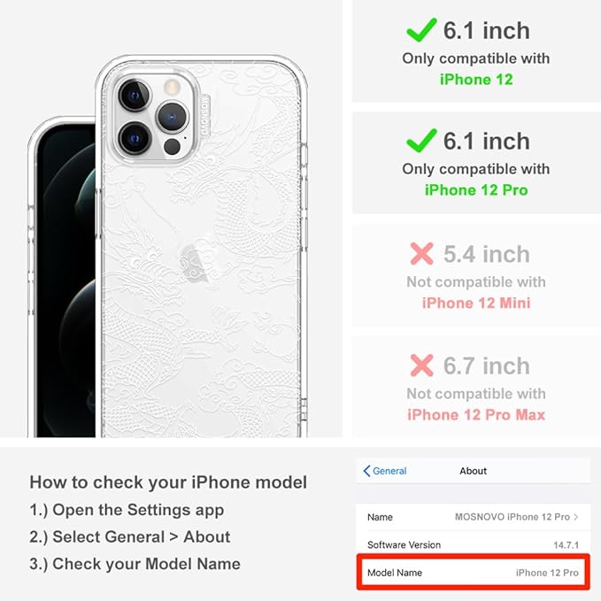 MOSNOVO Case for iPhone 12 & iPhone 12 Pro, [Buffertech 6.6ft Military-Grade Drop Protection] [Anti Peel Off Tech] Clear TPU Bumper Phone Case Cover Design - White Dragon