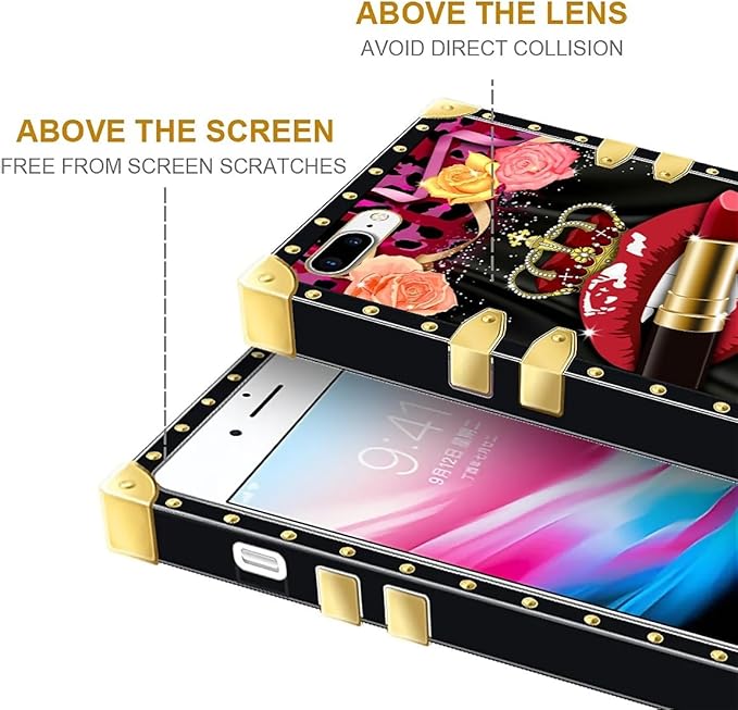 Compatible with iPhone 8 7 SE Case, Queen Lip Crown Leopard Print Luxury Golden Decoration for Girl Women Soft TPU Shockproof Protective Hard PC Back for iPhone 8 7 SE