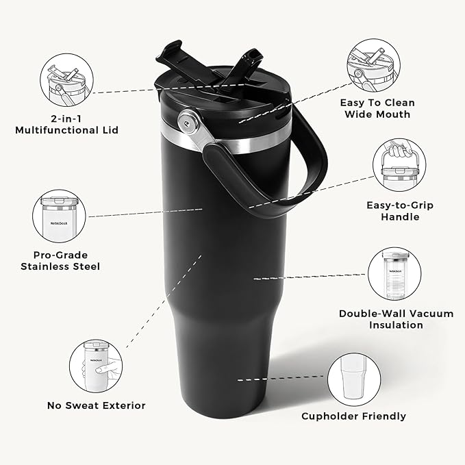 40 oz Insulated Stainless Steel Bottle with 2-in-1 Straw and Spout Lid, Water Bottle with Carry Handle Keep Cold 24H, Leak-Proof, Fits in Car Cup Holder, Travel, and School（Black）