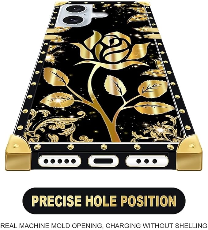 Compatible with iPhone 16 Case, Shine Gold Rose Luxury Golden Decoration for Girl Women Soft TPU Shockproof Protective Hard PC Back for iPhone 16
