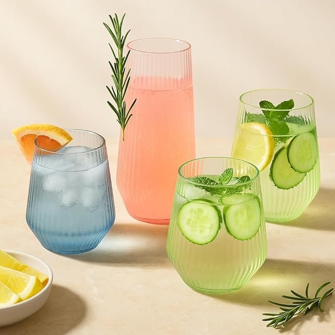 Oojami 48 Pack Ribbed Origami Ripple Plastic Glasses, 24 Stemless 9oz Champagne Flutes & 24 12oz Wine Cups – BPA-Free Disposable Shatterproof Drinkware for Weddings, Parties, Bars & Events (Clear)
