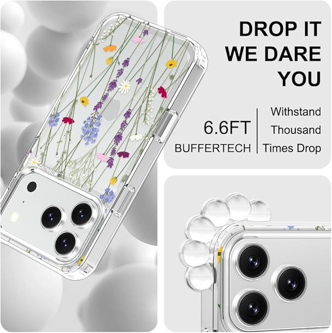 MOSNOVO for iPhone 17 Pro Case | Military Grade 6.6ft Drop Tested | Camera Control | Clear with Floral Garden Design
