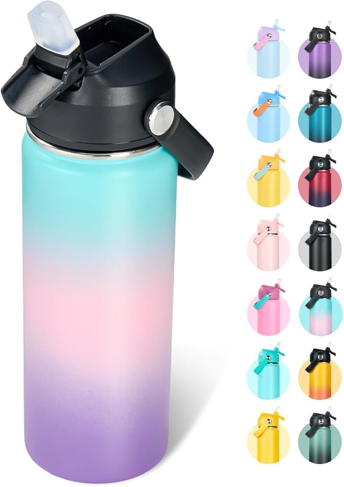 Fijinhom 32oz Insulated Stainless Steel Water Bottle, Wide Mouth Double Wall Vacuum, Silicone Straw, Sweat & Leak Proof, BPA Free Insulated Water Flask for Travel, Keep Cold 24h Hot 12h, Pink
