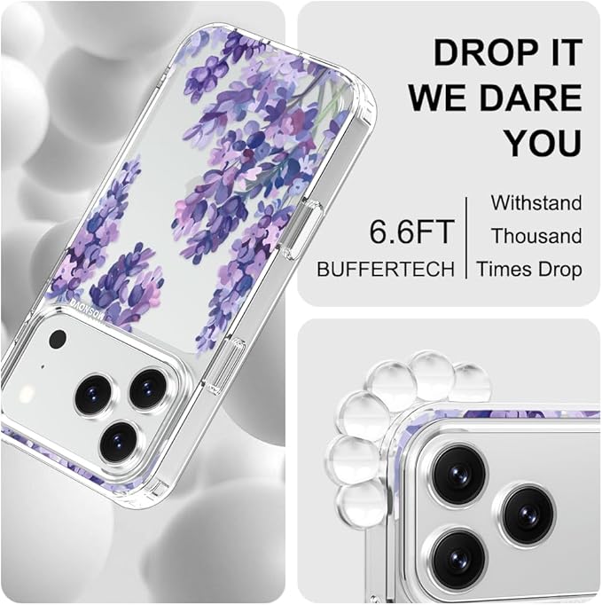 MOSNOVO for iPhone 17 Pro Case | Military Grade 6.6ft Drop Tested | Camera Control | Clear with Lavender Design