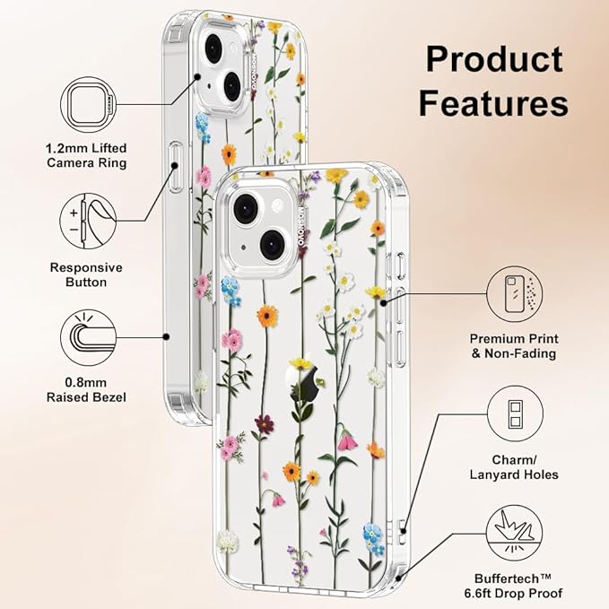 MOSNOVO for iPhone 13/14 Case | Military Grade 6.6ft Drop Tested | Clear with Wildflowers Design