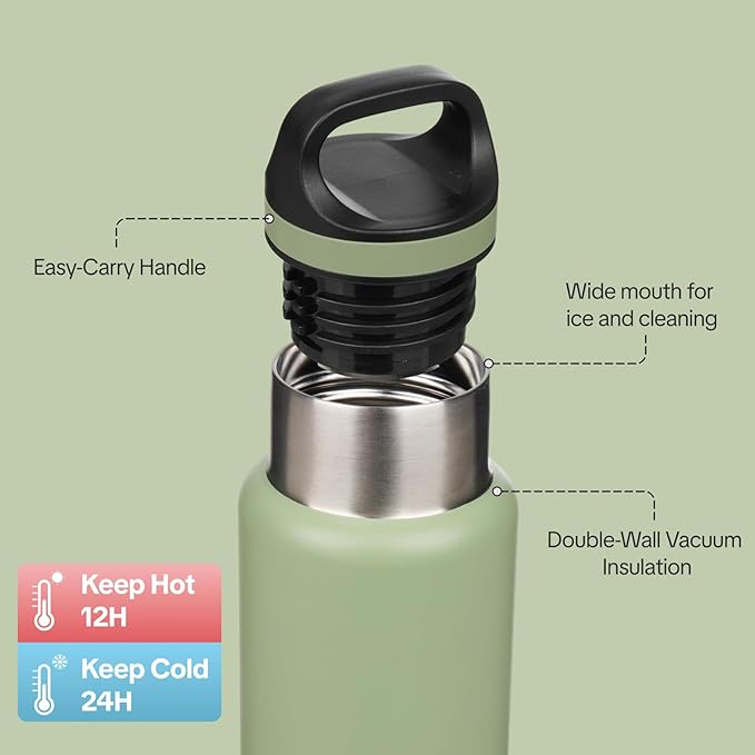 BJPKPK Insulated Water Bottle 18OZ Stainless Steel Water Bottle with Handle Double Walls Vacuum Insulated BPA Free Flask, Forest Green