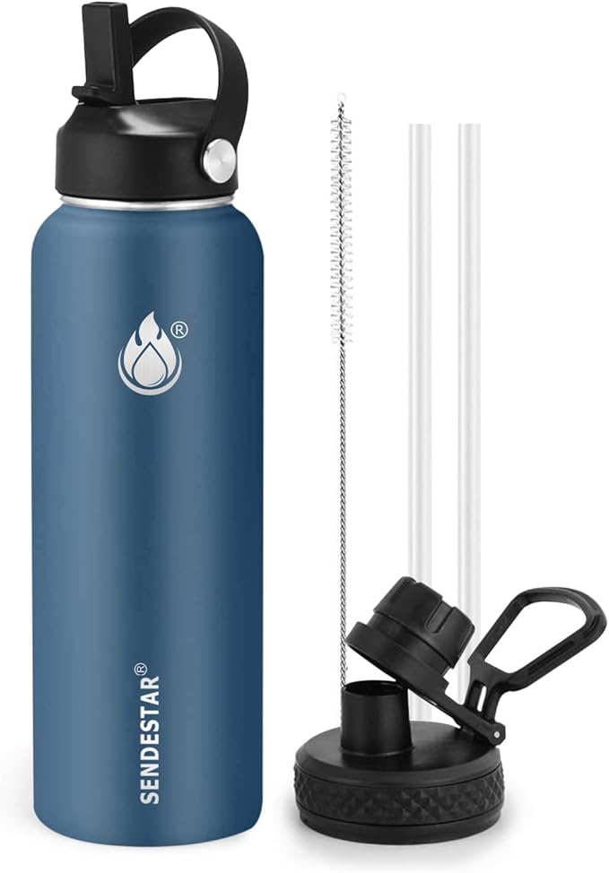 Insulated Water Bottle 32 oz with Straw, Stainless Steel Wide Mouth Water Bottle, Double Wall Vacuum Leak Proof with Straw Lid & Spout Lid for Sports or Office, Keep Cold or Hot Up to 24 Hrs