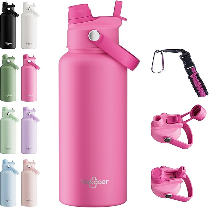 32oz Insulated Water Bottle with 2-in-1 Straw and Spout Lid, 304 Stainless Steel Water Bottle Keep Cold for 24H,Leak-Proof,Sports Water Bottle with Braided Carry Strap for Gym,Travel, Rose Red