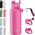 32oz Insulated Water Bottle with 2-in-1 Straw and Spout Lid, 304 Stainless Steel Water Bottle Keep Cold for 24H,Leak-Proof,Sports Water Bottle with Braided Carry Strap for Gym,Travel, Rose Red