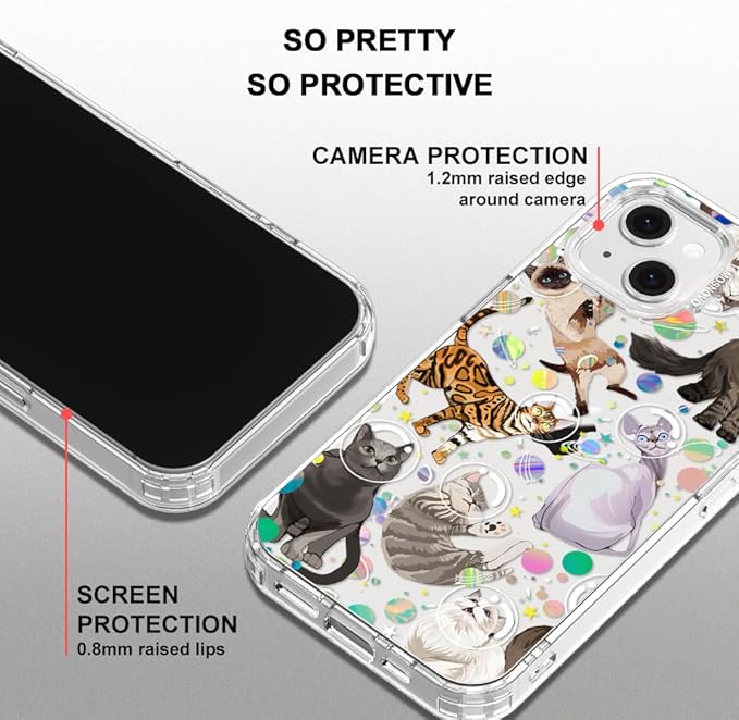 MOSNOVO for iPhone 13/14 Case | Military Grade 6.6ft Drop Tested | Clear with Space Cat Design